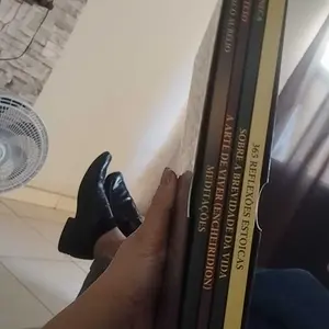 Lombadas dos quatro livros da Biblioteca Estoica seguradas em uma mão