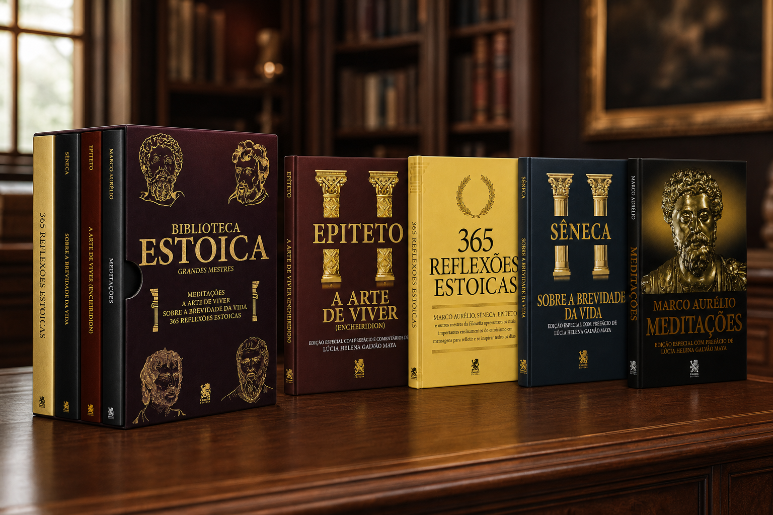Box Biblioteca Estoica Grandes Mestres Volume 01 e os quatro livros sobre uma mesa em uma biblioteca