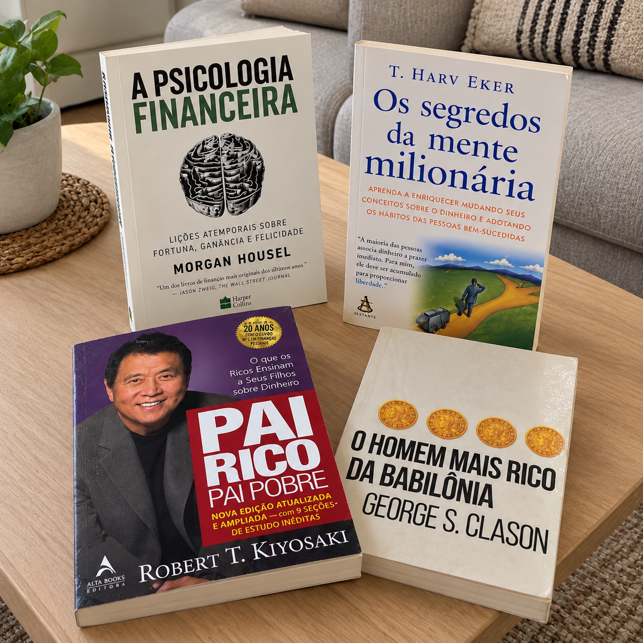 Kit com quatro livros de educação financeira sobre uma mesa de madeira