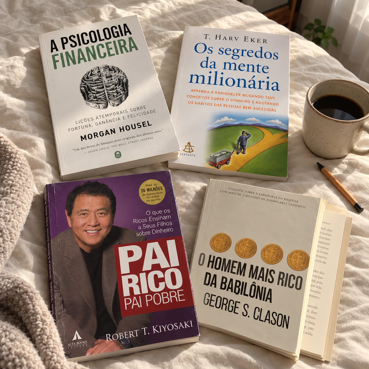 Kit de educação financeira em uma cena de leitura com luz natural