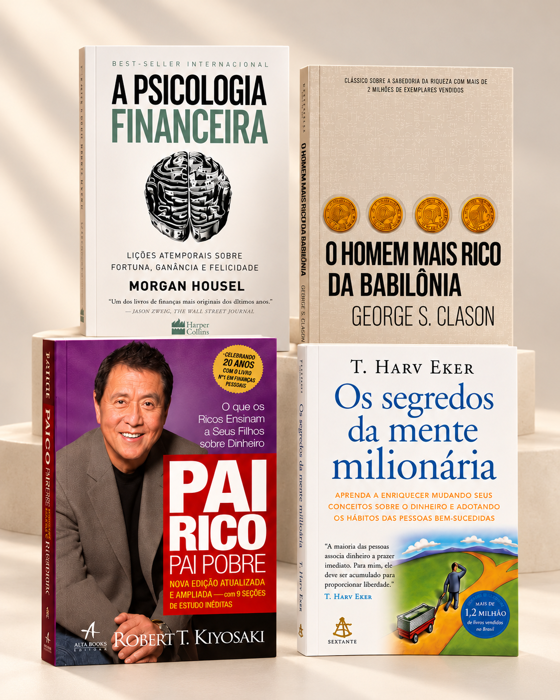 Kit com os quatro livros de educação financeira em composição vertical