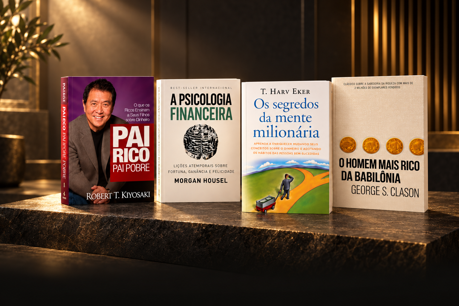 Quatro livros de educação financeira em cenário grafite com iluminação dourada